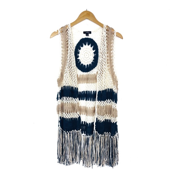 Indigo Tops - INDIGO Cream Boho Crochet Fringe Open Front Vest L